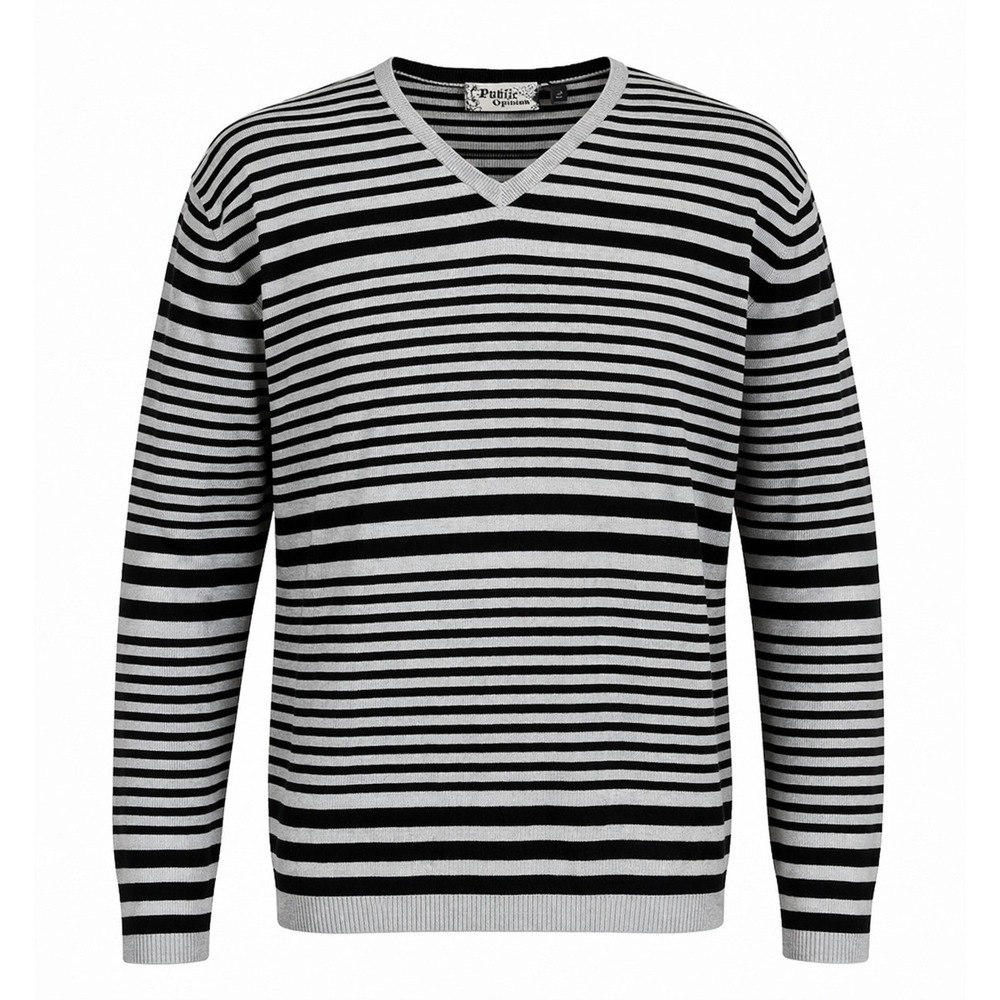 Public Opinion Black Gray Striped V-Neck Knit Sweater Men's 2XL  100% Cotton